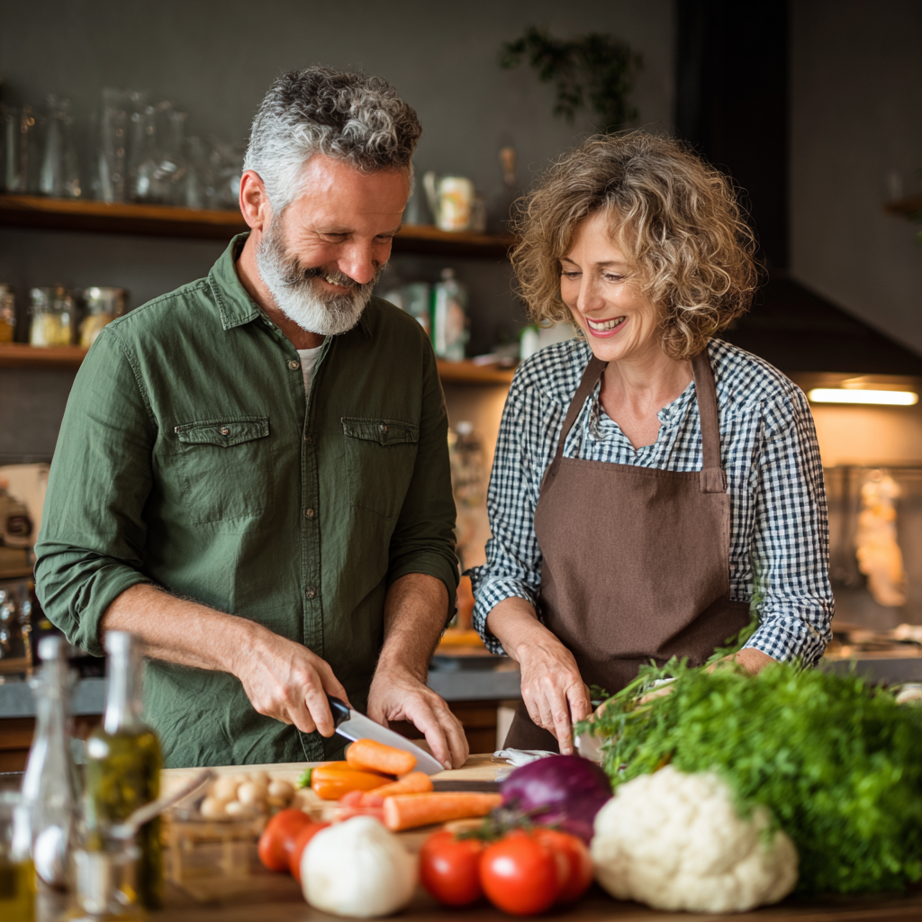 Happy mature couple cooking together in bright kitchen with fresh ingredients and smiling while following nutrition plan